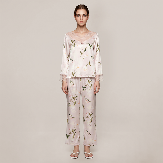 100% Mulberry Silk French Floral Print Long Sleeve Pajama Set - Nomee