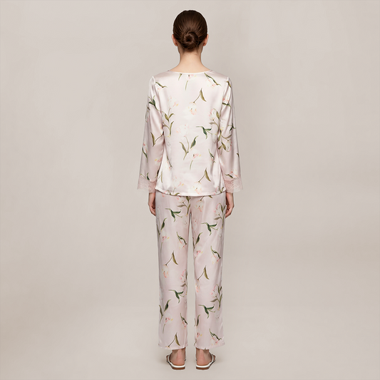 100% Mulberry Silk French Floral Print Long Sleeve Pajama Set - Nomee