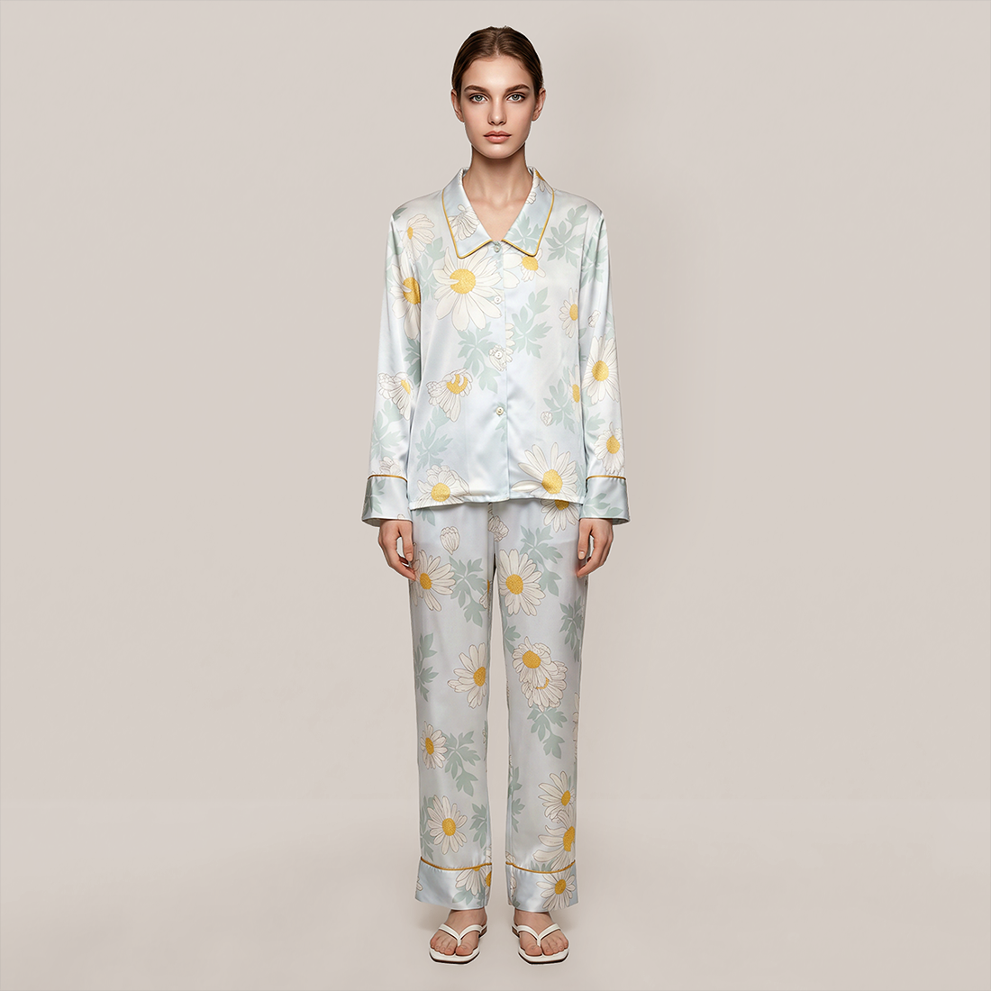 100% Mulberry Silk Daisy Print Long Sleeve Pajama Set - Nomee