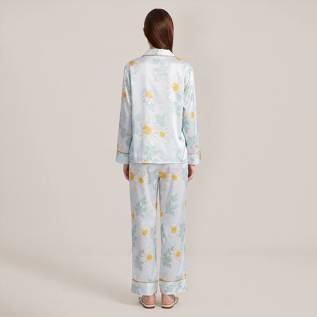 100% Mulberry Silk Daisy Print Long Sleeve Pajama Set - Nomee