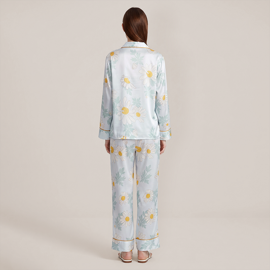 100% Mulberry Silk Daisy Print Long Sleeve Pajama Set - Nomee