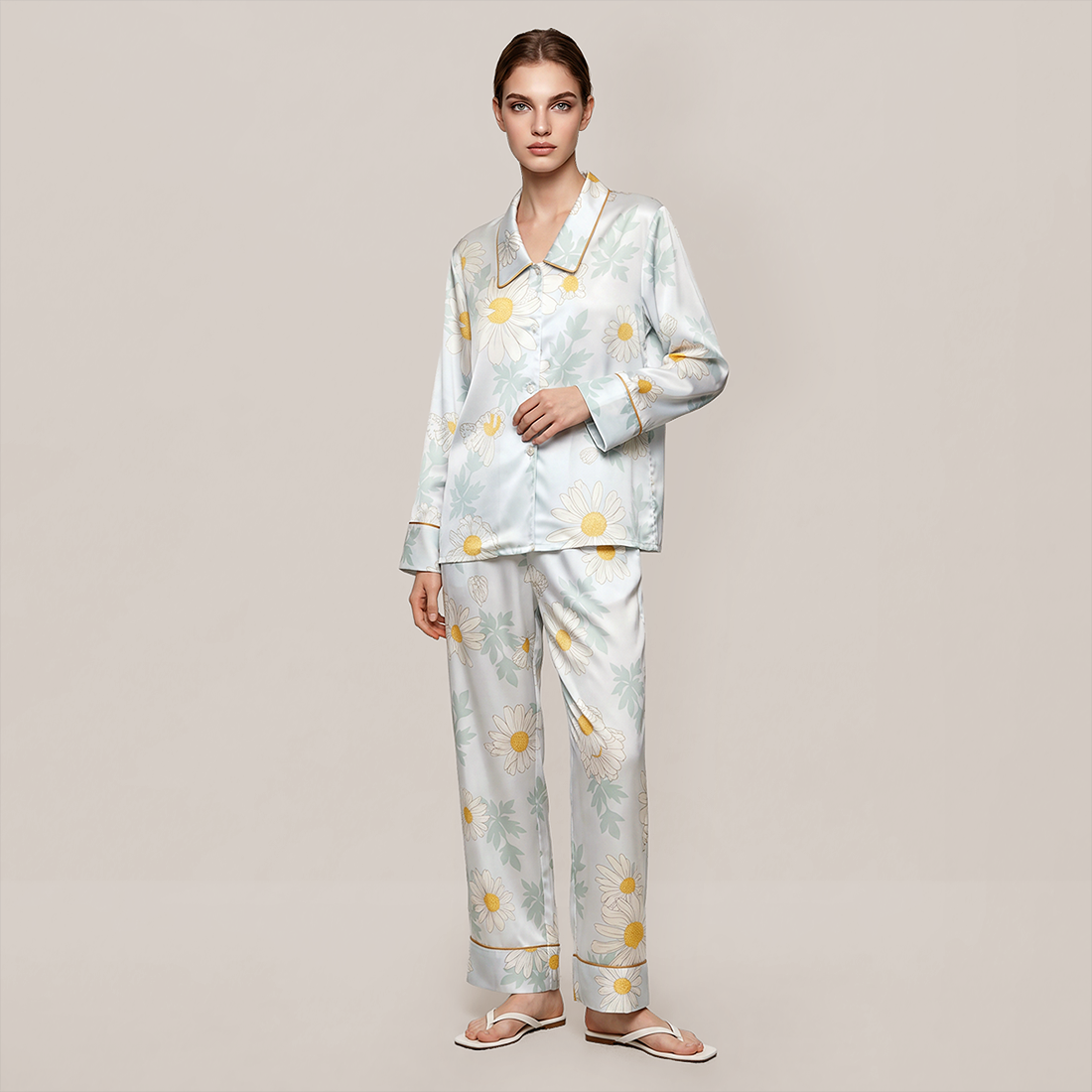 100% Mulberry Silk Daisy Print Long Sleeve Pajama Set - Nomee
