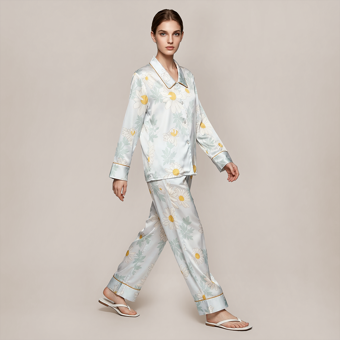 100% Mulberry Silk Daisy Print Long Sleeve Pajama Set - Nomee