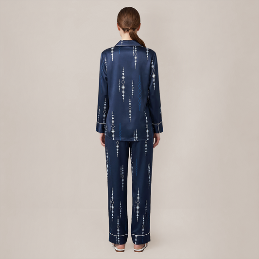 100% Mulberry Silk Diamond Print Long Sleeve Pajama Set - Nomee