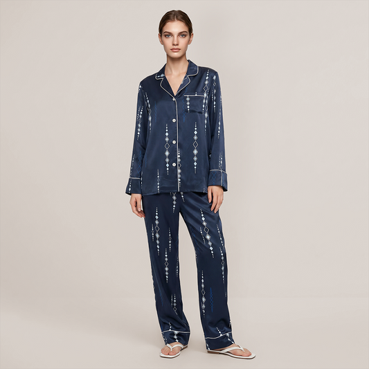 100% Mulberry Silk Diamond Print Long Sleeve Pajama Set - Nomee