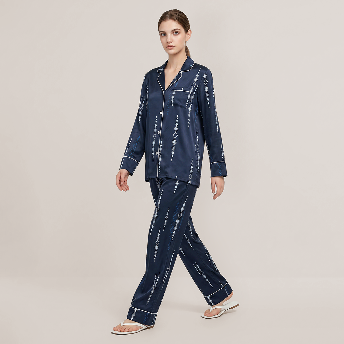 100% Mulberry Silk Diamond Print Long Sleeve Pajama Set - Nomee