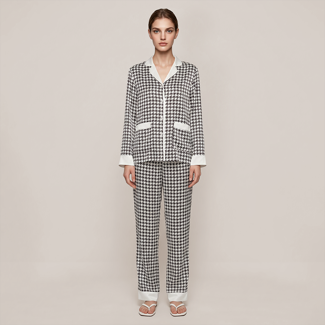 100% Mulberry Silk Houndstooth Print Long Sleeve Pajama Set - Nomee