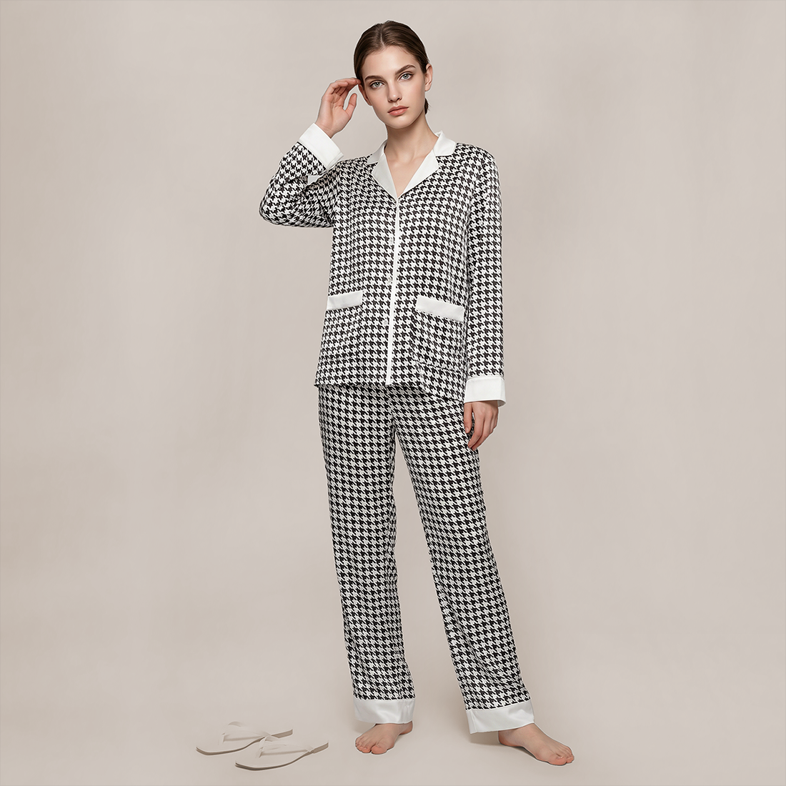 100% Mulberry Silk Houndstooth Print Long Sleeve Pajama Set - Nomee