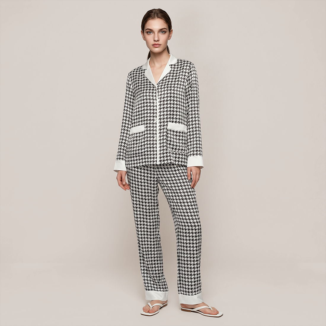 100% Mulberry Silk Houndstooth Print Long Sleeve Pajama Set - Nomee