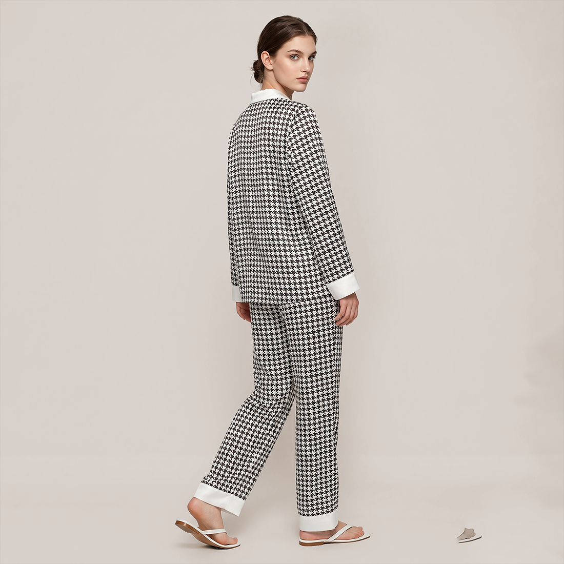 100% Mulberry Silk Houndstooth Print Long Sleeve Pajama Set - Nomee