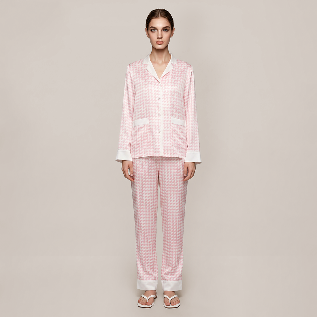 100% Mulberry Silk Houndstooth Print Long Sleeve Pajama Set - Nomee