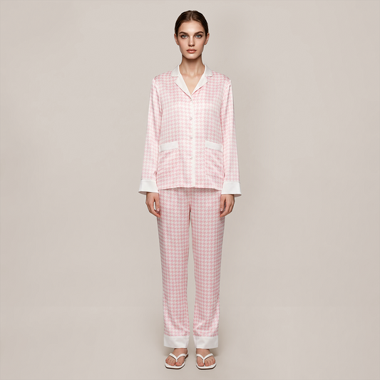 100% Mulberry Silk Houndstooth Print Long Sleeve Pajama Set - Nomee