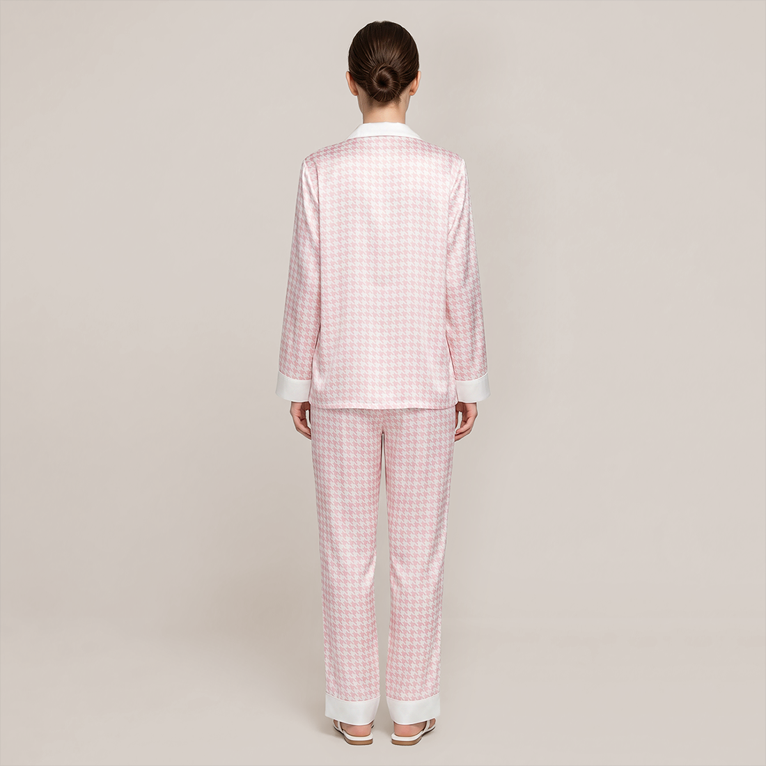 100% Mulberry Silk Houndstooth Print Long Sleeve Pajama Set - Nomee