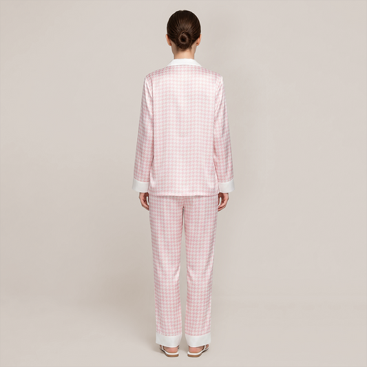 100% Mulberry Silk Houndstooth Print Long Sleeve Pajama Set - Nomee