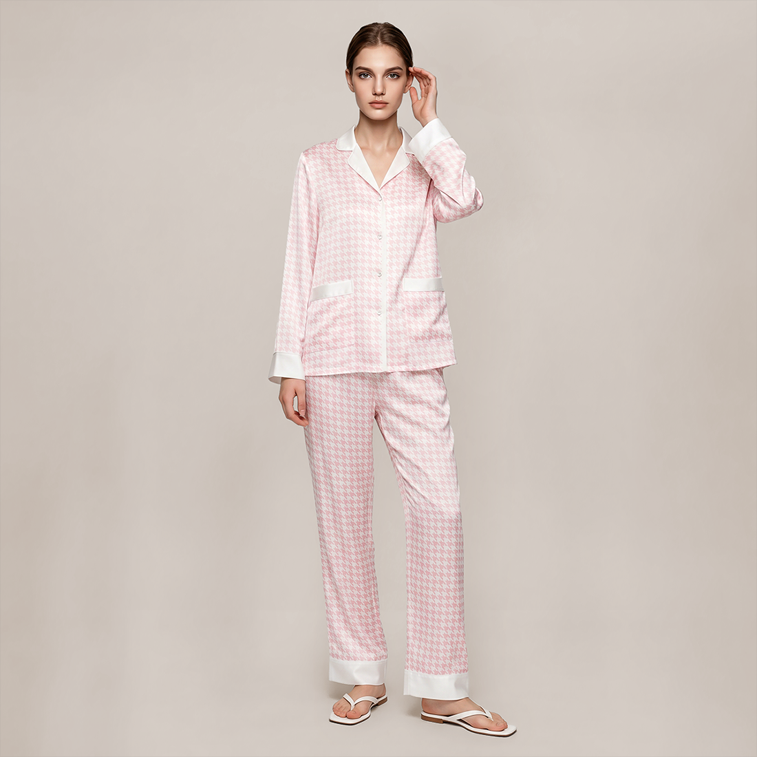100% Mulberry Silk Houndstooth Print Long Sleeve Pajama Set - Nomee