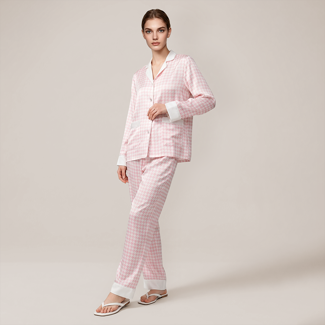 100% Mulberry Silk Houndstooth Print Long Sleeve Pajama Set - Nomee