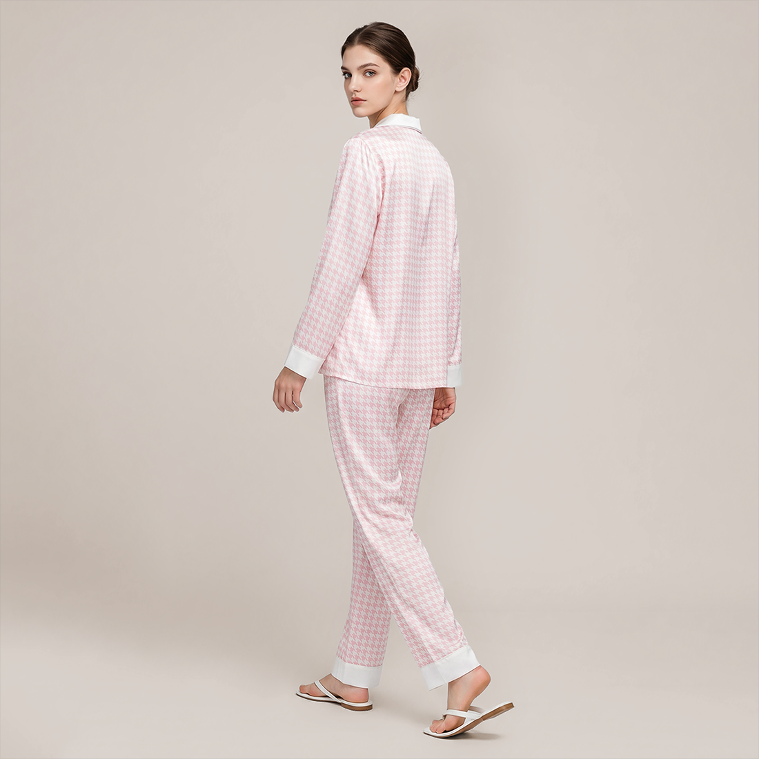 100% Mulberry Silk Houndstooth Print Long Sleeve Pajama Set - Nomee