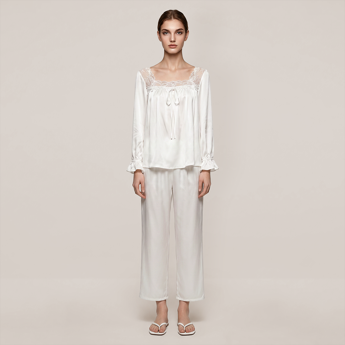 100% Mulberry Silk Square Neck Long Sleeve Pajama Set - Nomee