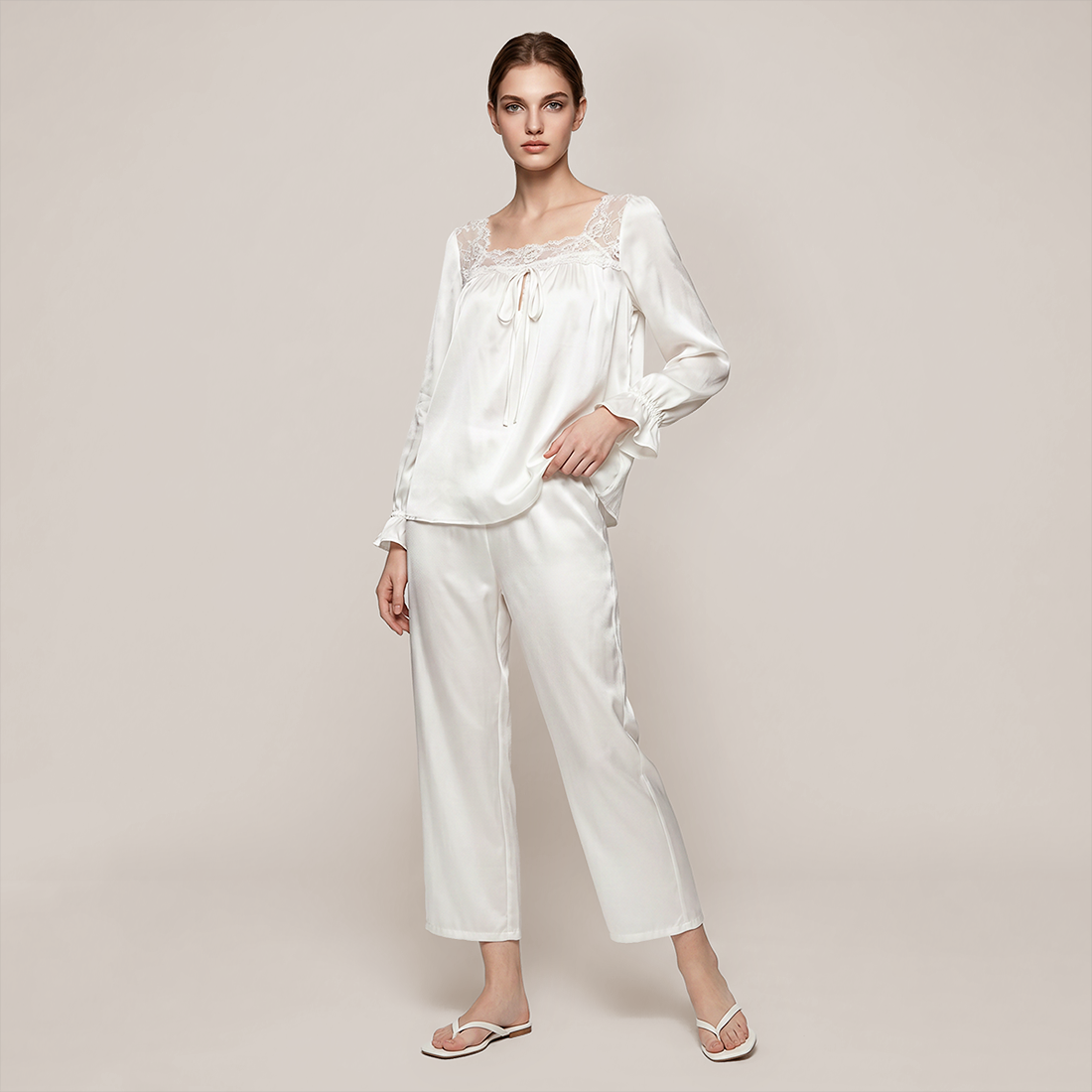 100% Mulberry Silk Square Neck Long Sleeve Pajama Set - Nomee