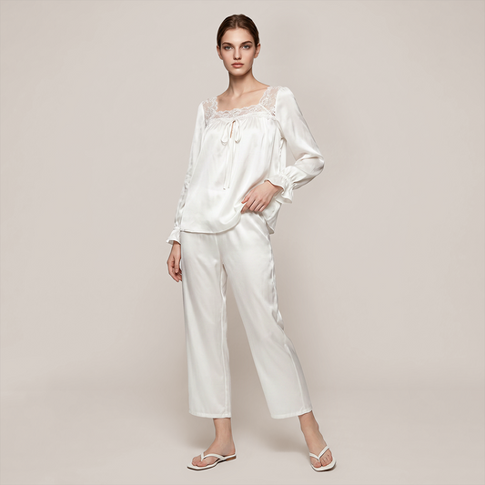 100% Mulberry Silk Square Neck Long Sleeve Pajama Set - Nomee