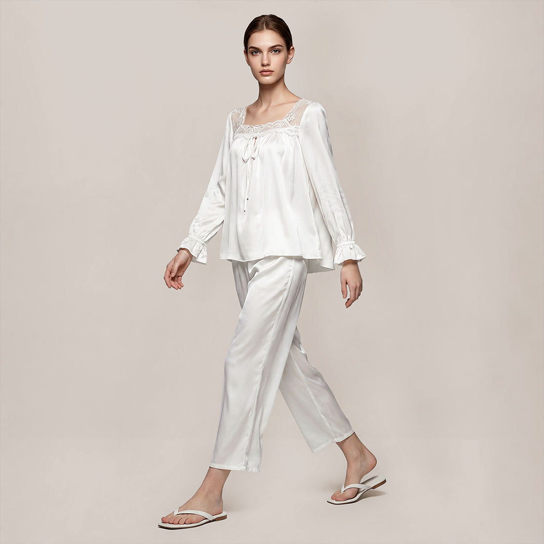100% Mulberry Silk Square Neck Long Sleeve Pajama Set - Nomee