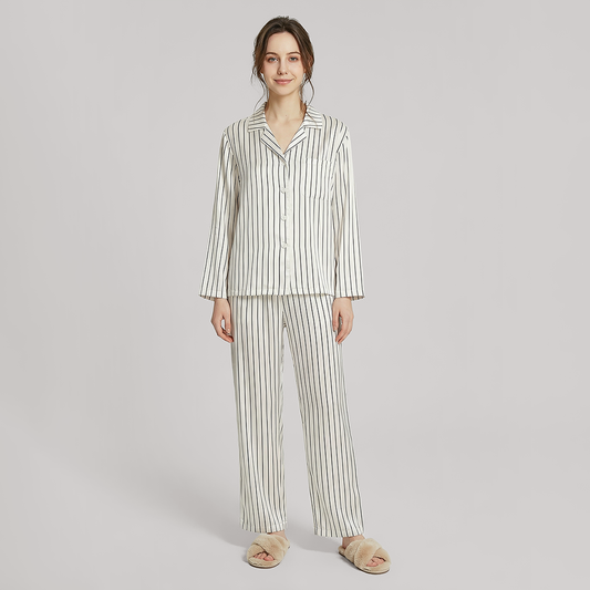 19 Momme Women‘s Silk Pajama Set - Long Sleeve Stripe Print - Nomee