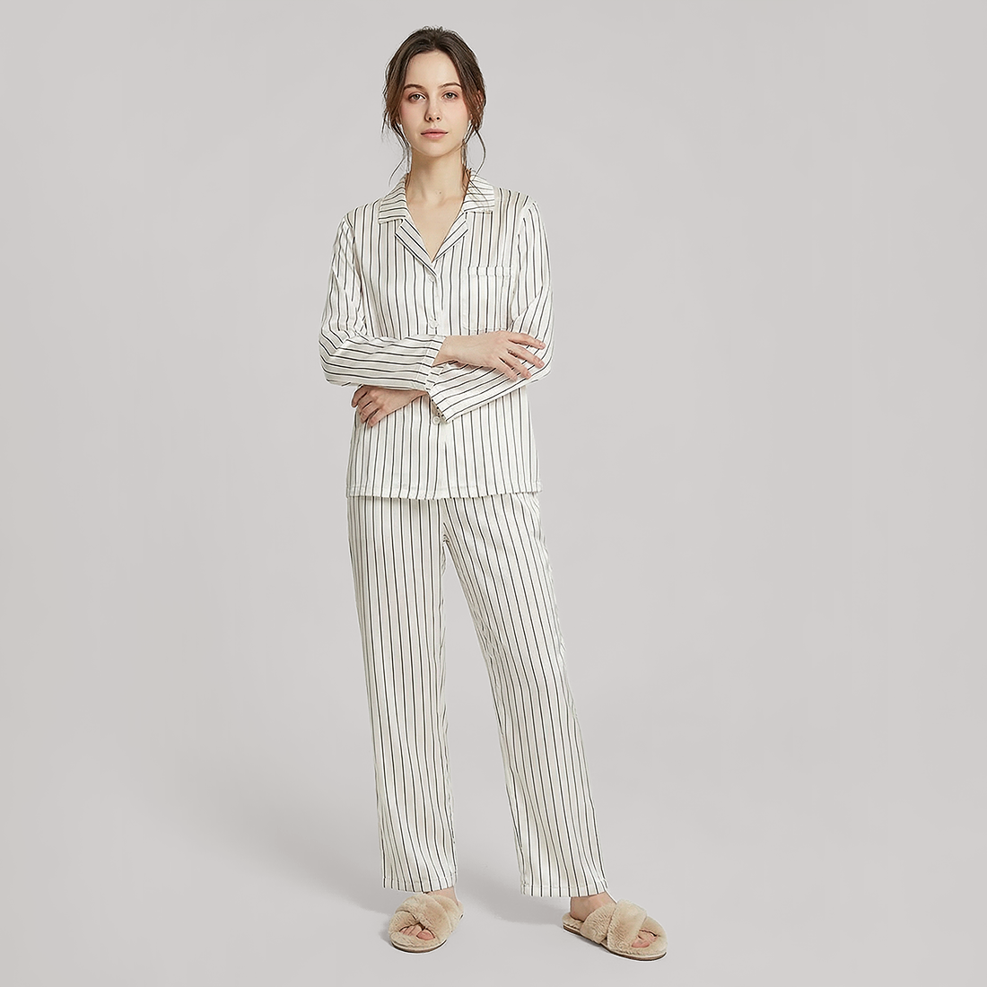 19 Momme Women‘s Silk Pajama Set - Long Sleeve Stripe Print - Nomee