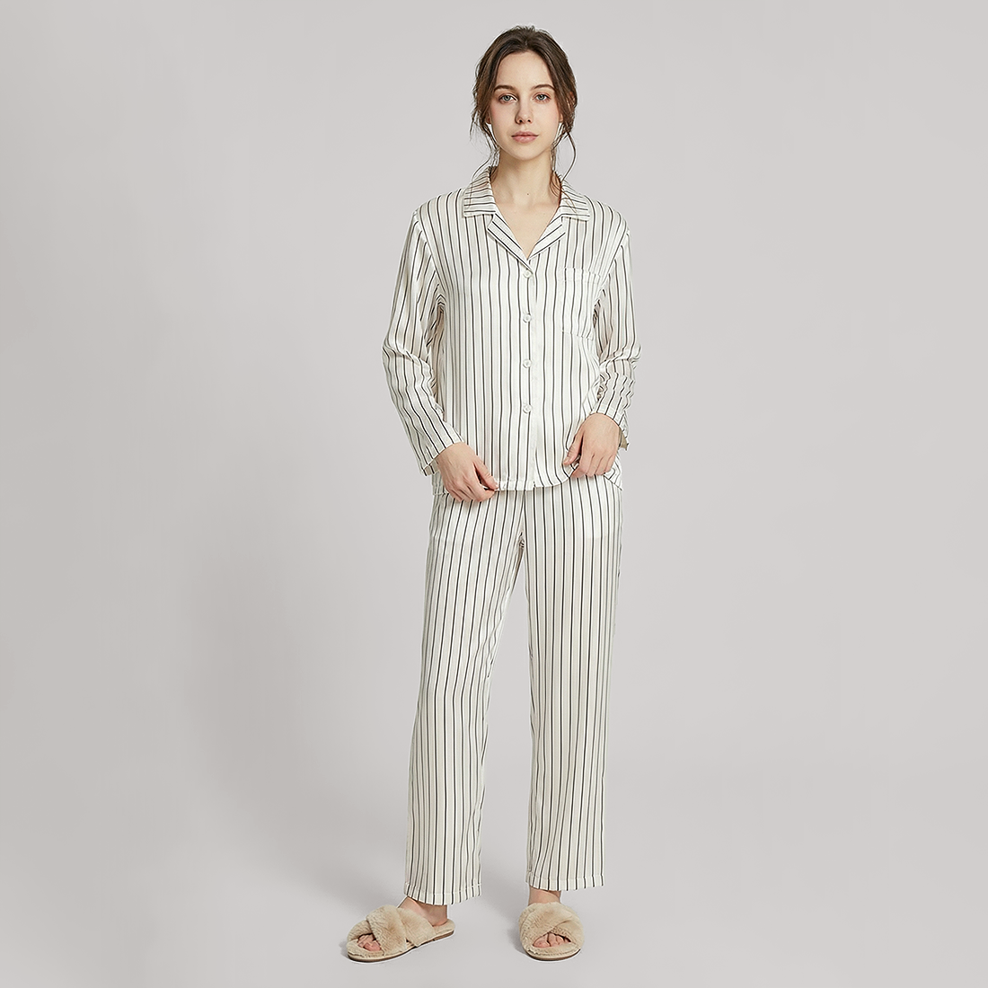 19 Momme Women‘s Silk Pajama Set - Long Sleeve Stripe Print - Nomee