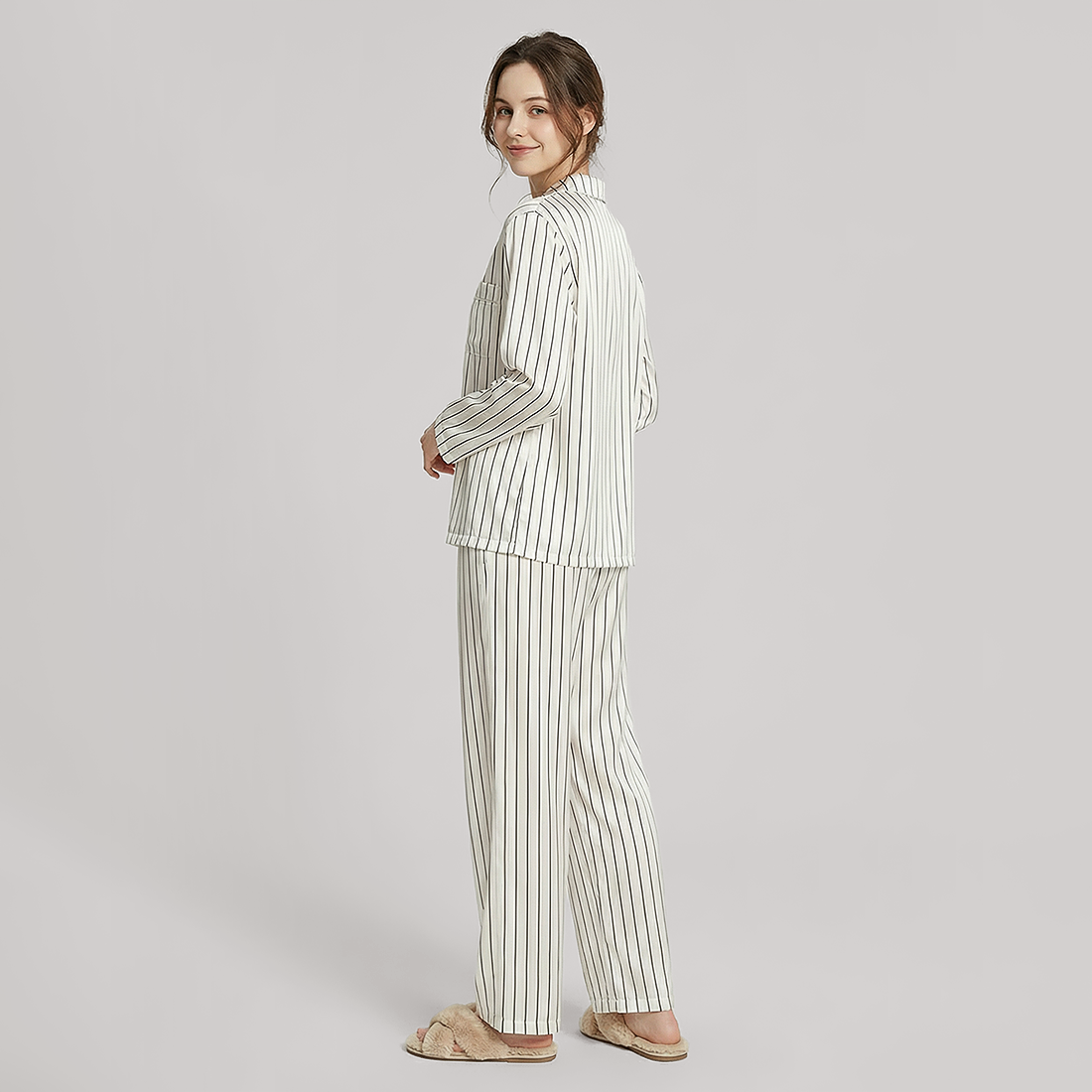 19 Momme Women‘s Silk Pajama Set - Long Sleeve Stripe Print - Nomee