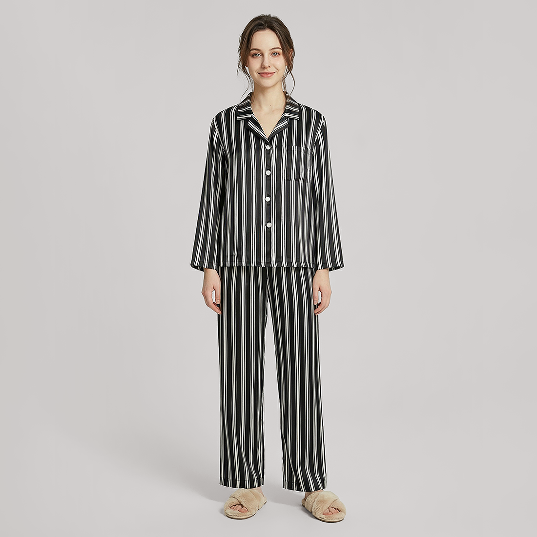19 Momme Women‘s Silk Pajama Set - Long Sleeve Stripe Print - Nomee