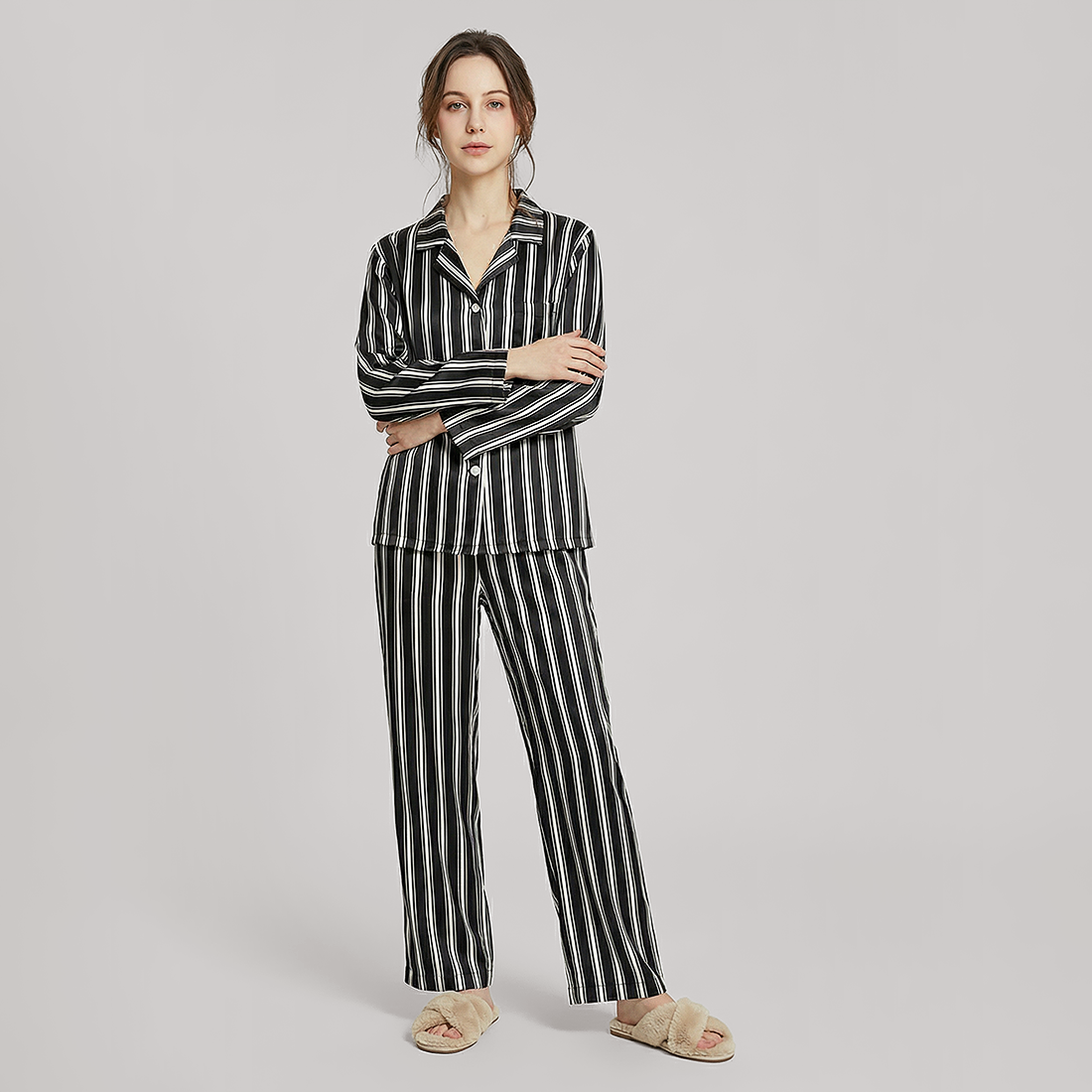 19 Momme Women‘s Silk Pajama Set - Long Sleeve Stripe Print - Nomee