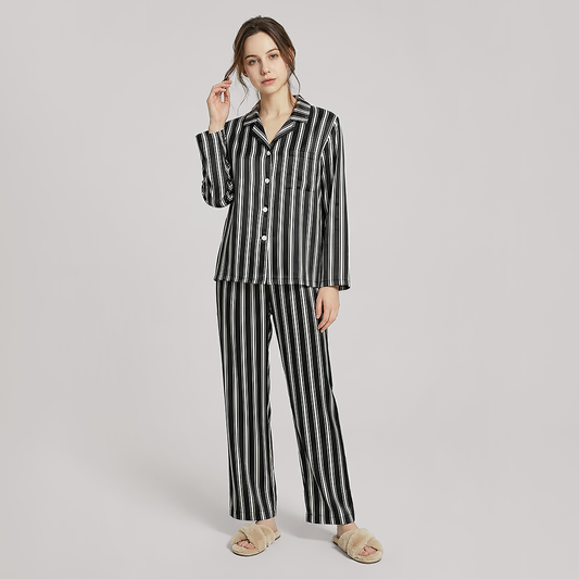 19 Momme Women‘s Silk Pajama Set - Long Sleeve Stripe Print - Nomee