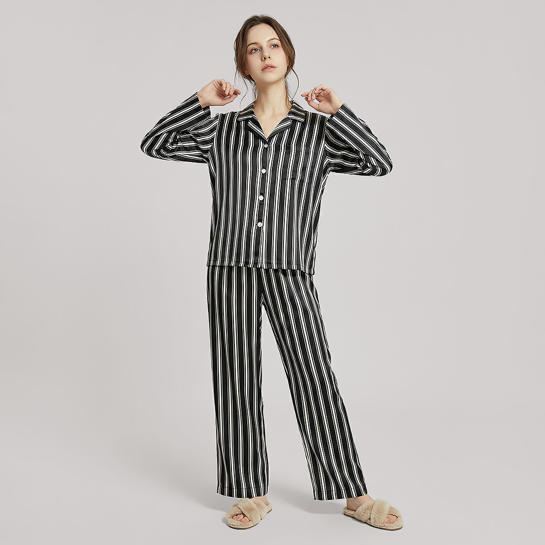 19 Momme Women‘s Silk Pajama Set - Long Sleeve Stripe Print - Nomee