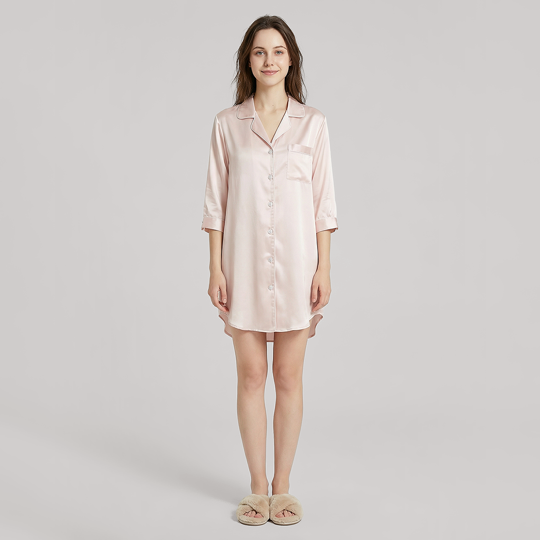 Nomee Butterfly Embroidery 19 Momme Silk Shirt Nightgown-Nomee