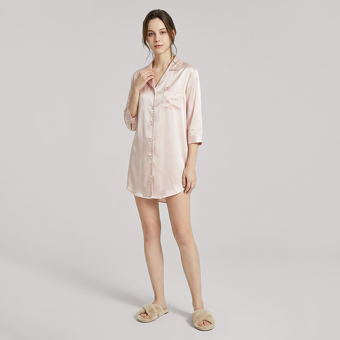 Nomee Butterfly Embroidery 19 Momme Silk Shirt Nightgown-Nomee