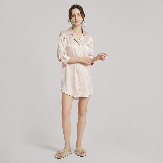 Nomee Butterfly Embroidery 19 Momme Silk Shirt Nightgown-Nomee