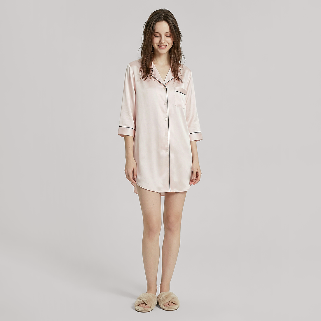 Nomee Butterfly Embroidery 19 Momme Silk Shirt Nightgown-Nomee