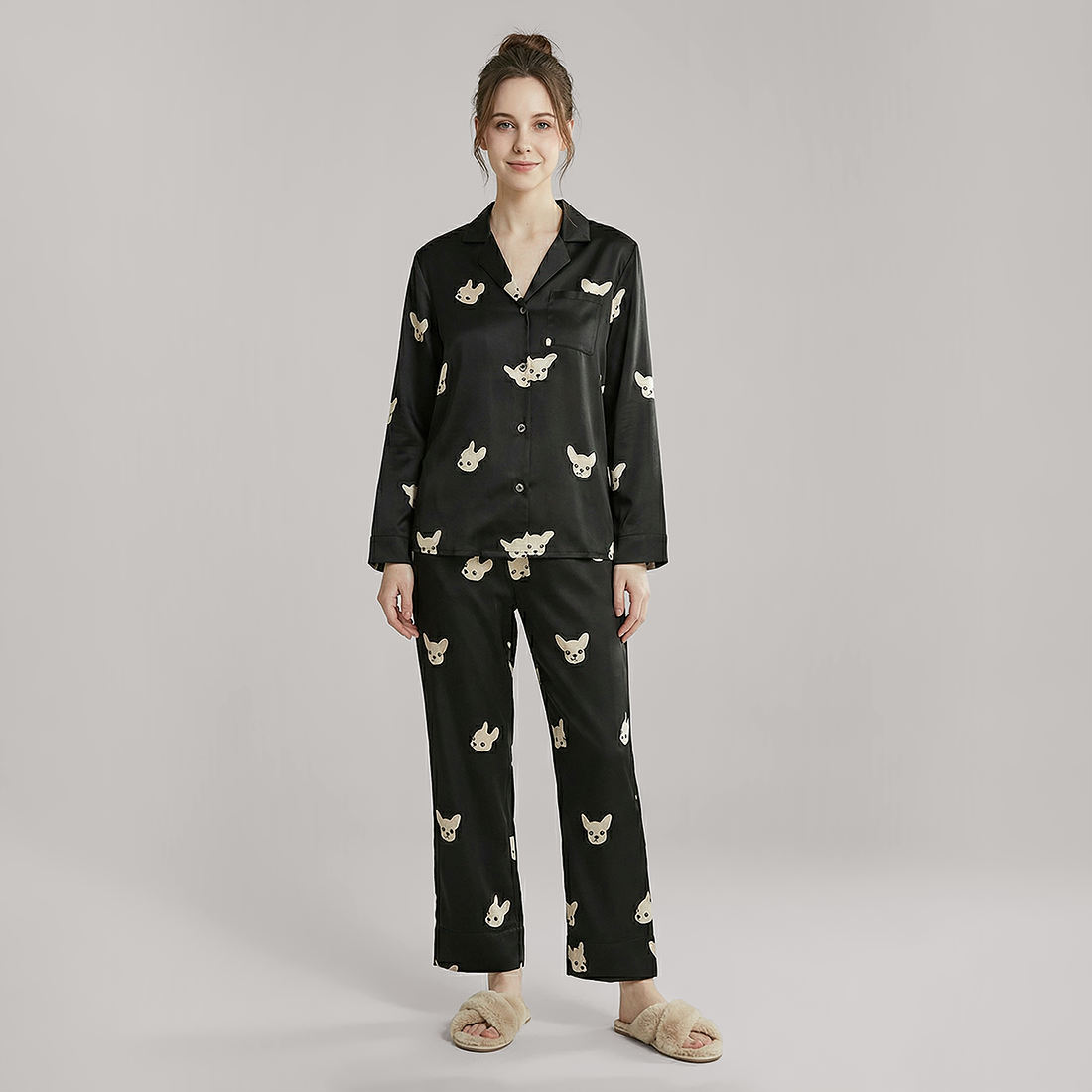 19 Momme Couple‘s Silk Pajama Set - Cute Dog Print Loungewear - Nomee
