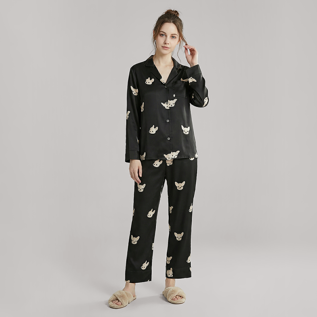 19 Momme Couple‘s Silk Pajama Set - Cute Dog Print Loungewear - Nomee
