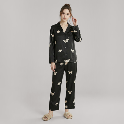 19 Momme Couple‘s Silk Pajama Set - Cute Dog Print Loungewear - Nomee