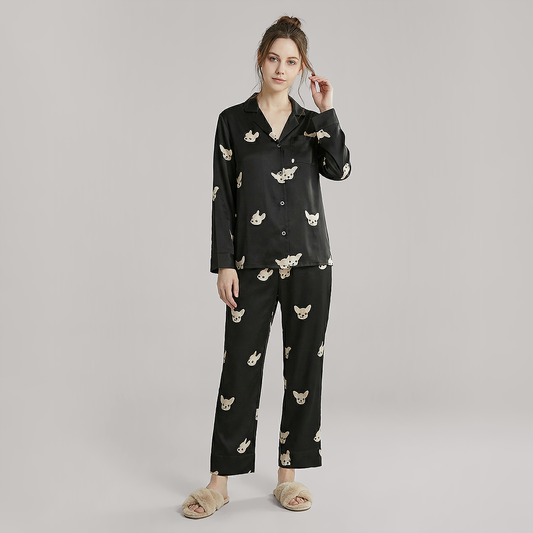 19 Momme Couple‘s Silk Pajama Set - Cute Dog Print Loungewear - Nomee