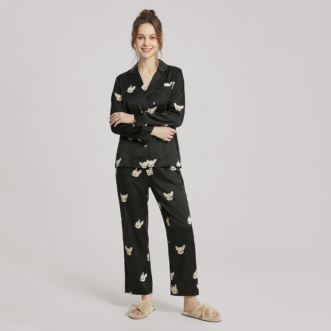 19 Momme Couple‘s Silk Pajama Set - Cute Dog Print Loungewear - Nomee