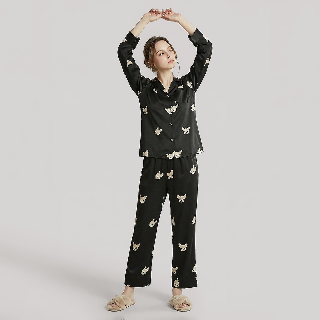 19 Momme Couple‘s Silk Pajama Set - Cute Dog Print Loungewear - Nomee