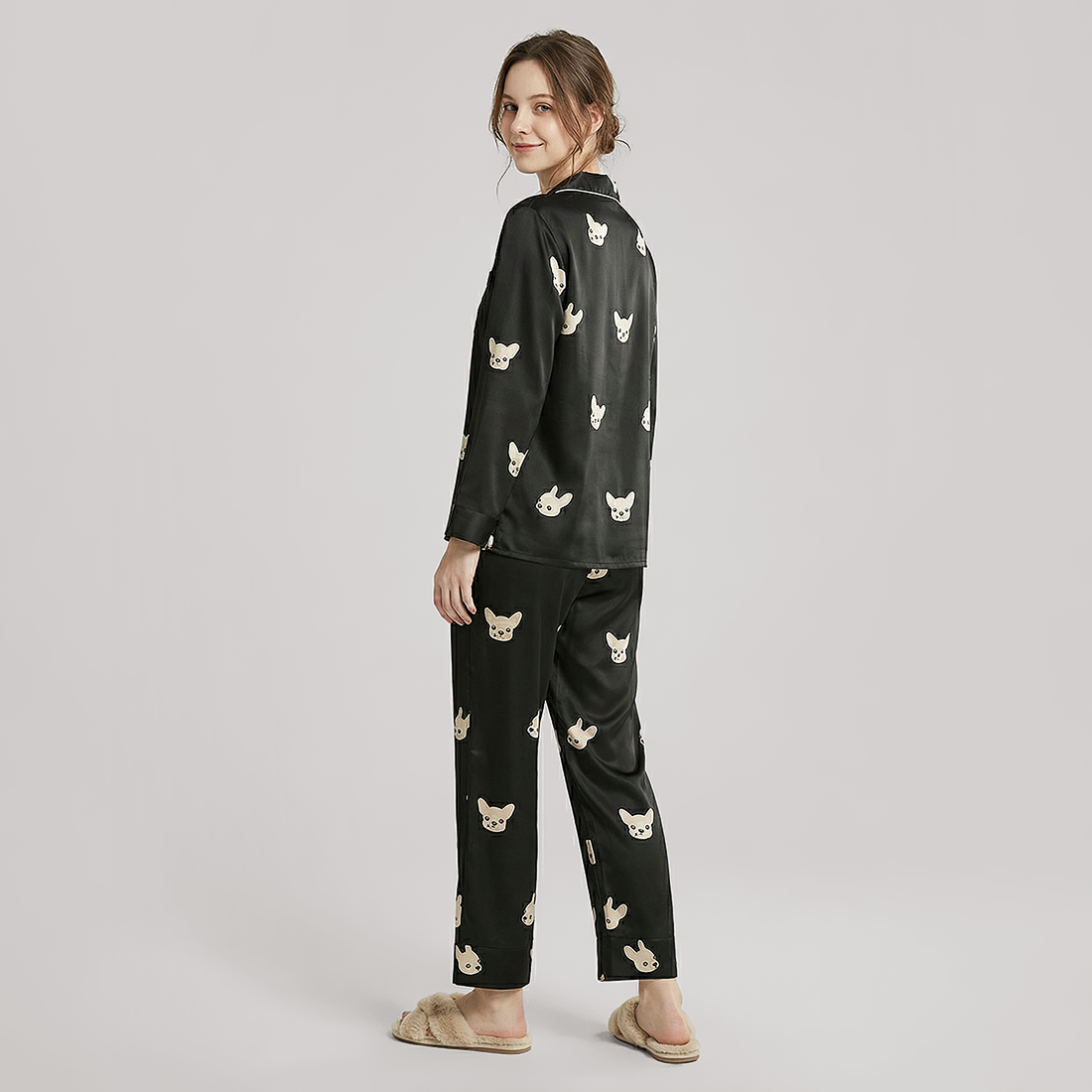 19 Momme Couple‘s Silk Pajama Set - Cute Dog Print Loungewear - Nomee