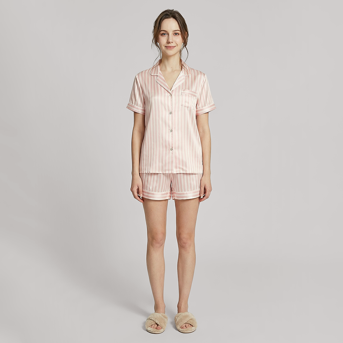 19 Momme Silk Short Sleeve Shorts Set - Pink Stripe Summer Pajama - Nomee