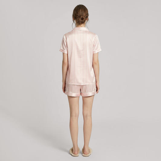 19 Momme Silk Short Sleeve Shorts Set - Pink Stripe Summer Pajama - Nomee