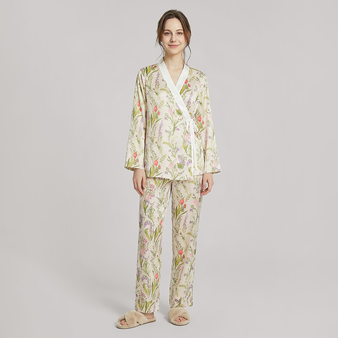 19 Momme New Chinese Style Silk Pajama Set - Floral Print Long Sleeve - Nomee