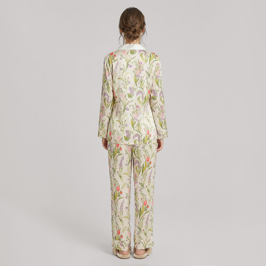 19 Momme New Chinese Style Silk Pajama Set - Floral Print Long Sleeve - Nomee