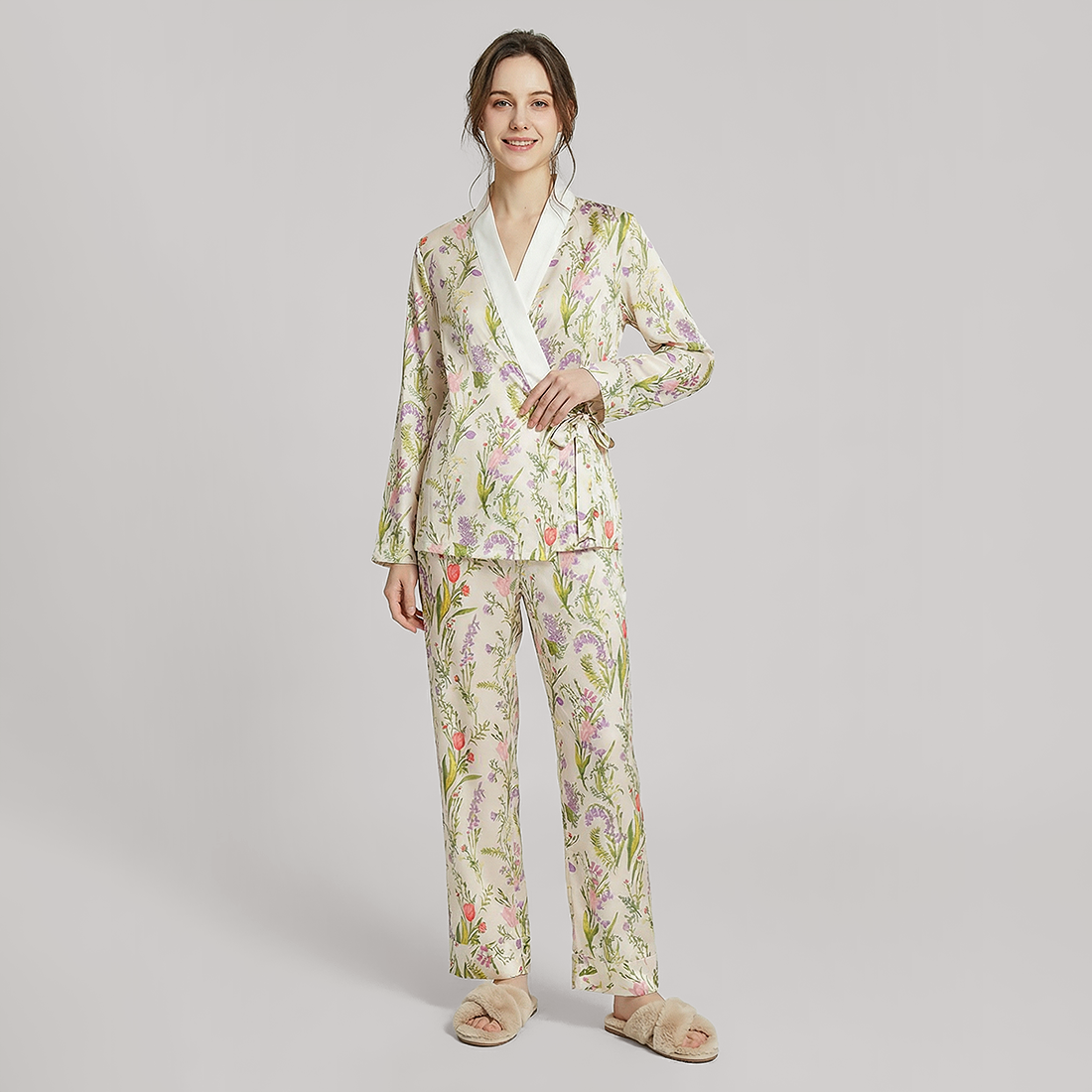 19 Momme New Chinese Style Silk Pajama Set - Floral Print Long Sleeve - Nomee