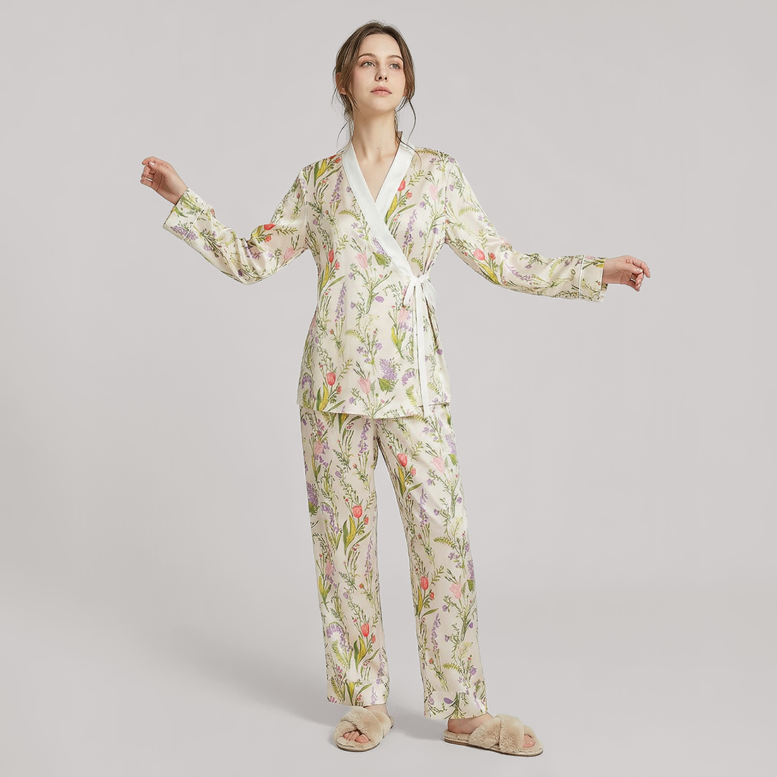 19 Momme New Chinese Style Silk Pajama Set - Floral Print Long Sleeve - Nomee